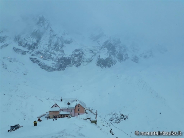 mountain hut and snow